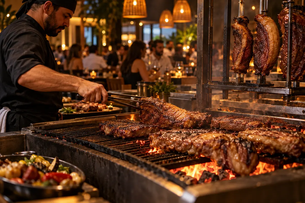 Chef prepara carnes na churrasqueira de um restaurante