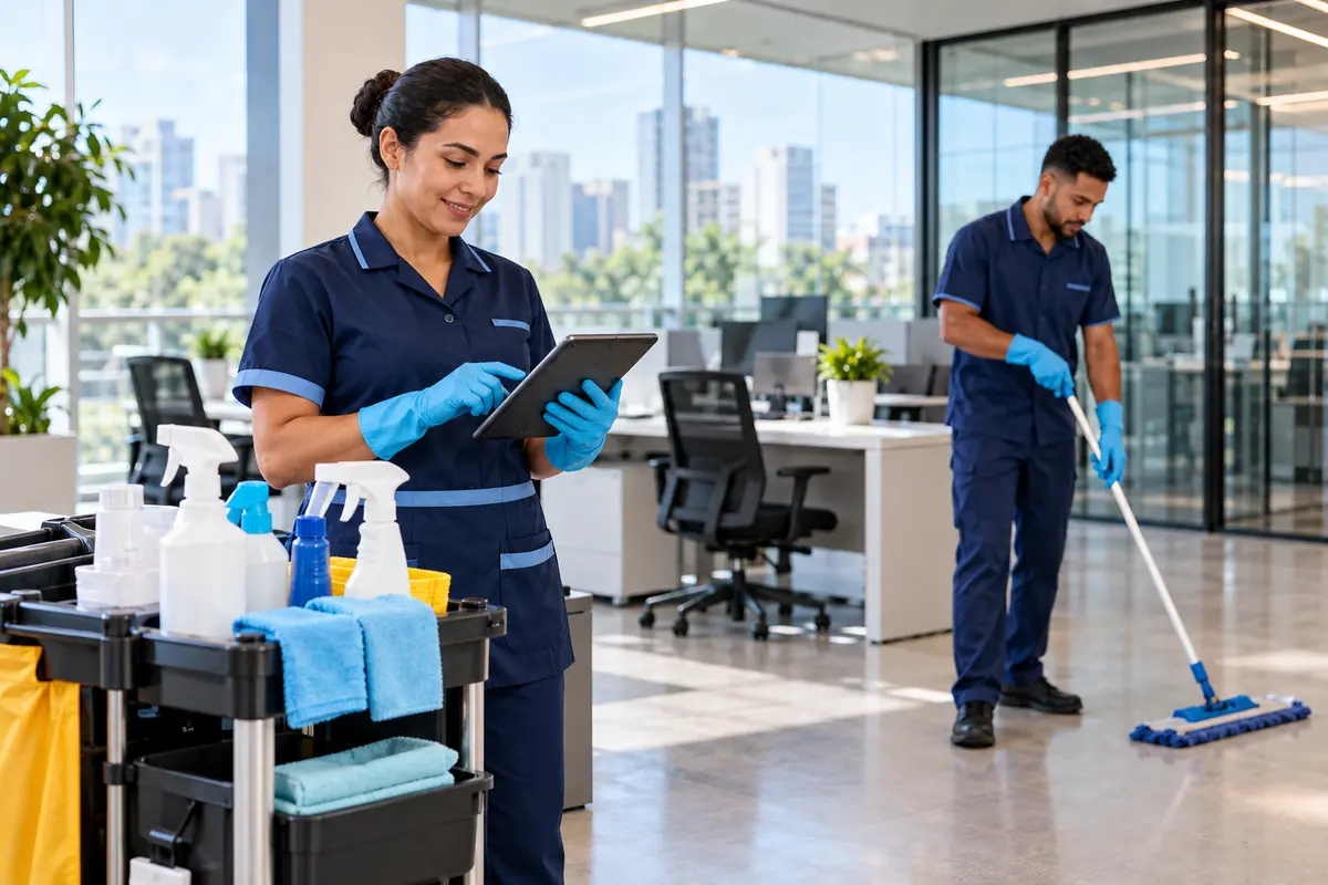 Equipe de limpeza organiza o trabalho em um escritório