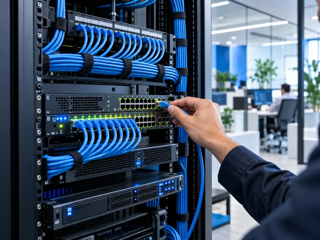 Rack de rede com cabeamento organizado e técnico conectando equipamento