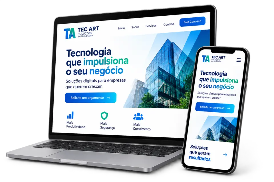 Computador e celular exibindo um site TEC ART